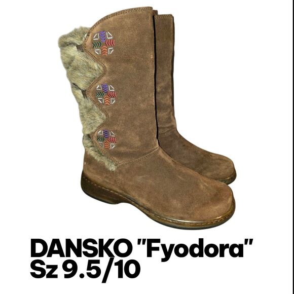 DANSKO FYODORA Sz 9.5/10 Brown Suede Aztec Embroiderd Faux Fur Pull-On Mid Boots - Picture 15 of 15